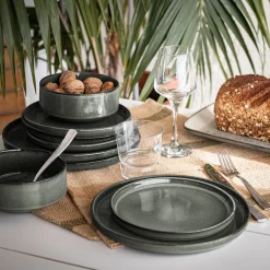 Lot de 4 assiettes plates en grès émail réactif D27cm - vert olivier