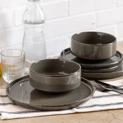 Lot de 4 assiettes plates en grès émail réactif D27cm - vert olivier