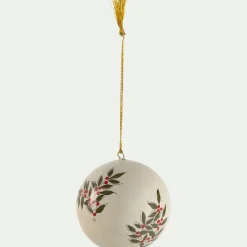 Lot de 6 boules de Noël en papier mâché motif houx peint main D7cm - blanc