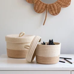 Lot de 2 paniers ronds en tissu - beige