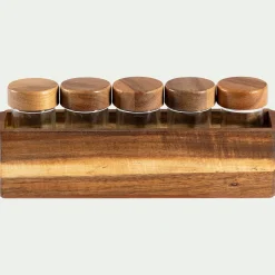 Lot de 5 pots à épices en verre avec support en acacia - transparent