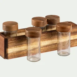 Lot de 5 pots à épices en verre avec support en acacia - transparent