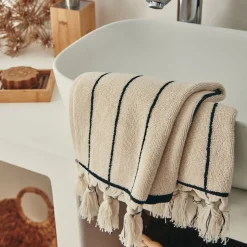 Lot de 2 serviettes invités rayée en coton 30x50cm - beige