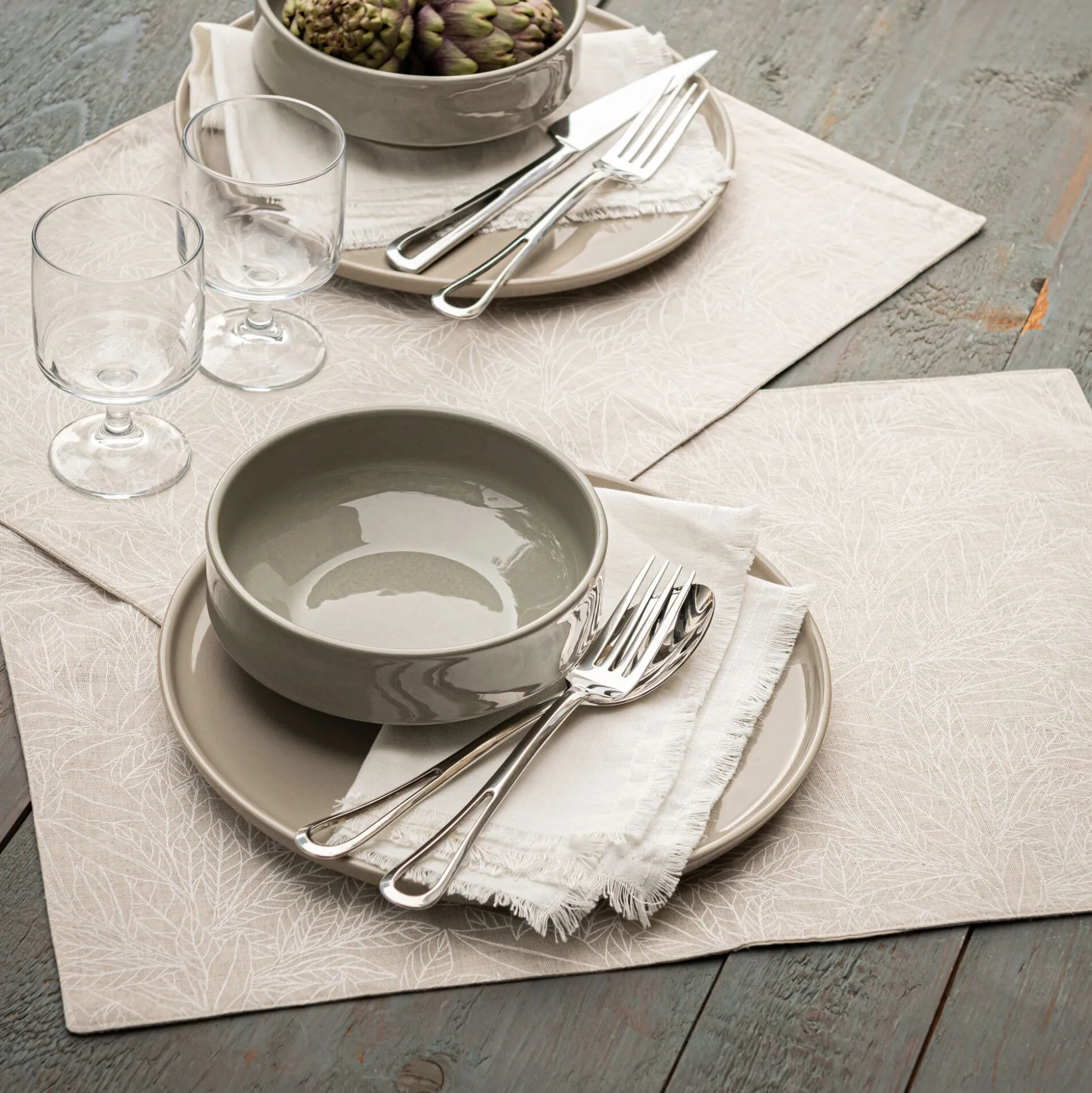 Lot de 2 sets de table en lin et coton motif laurier - beige 35x50cm