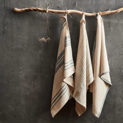 Lot de 3 torchons en coton beige et bleu