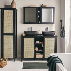 Meuble sous-vasque double en bois de cèdre et 2 portes en cannage - L120cm