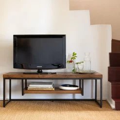 Meuble TV 2 plateaux effet bois et acier - 120cm - marron