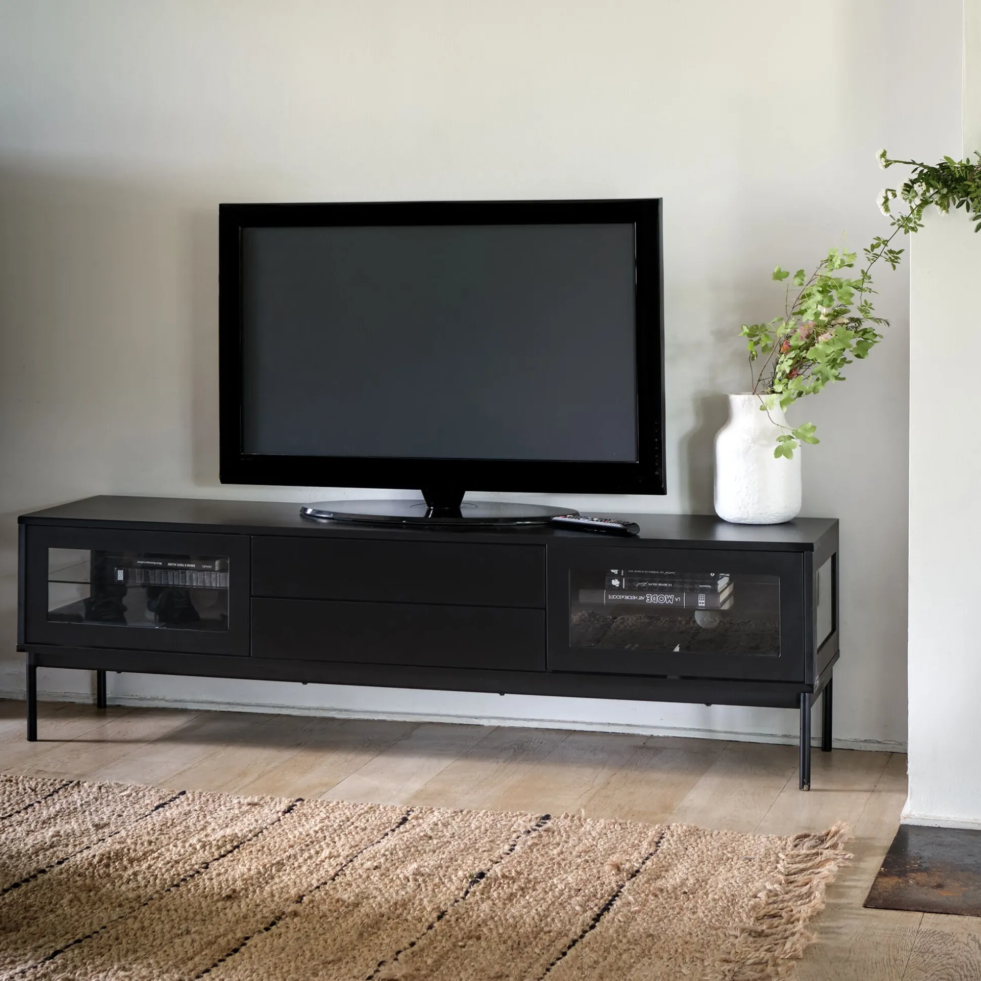 Meuble tv 4 portes en bois et verre - noir L180xl42xH51cm