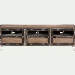 Meuble TV en pin, acier et verre - bois foncé L150xl45xH45cm