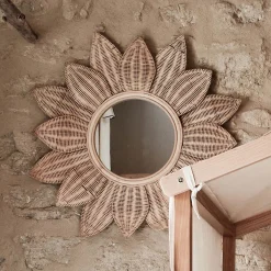 Miroir fleur en rotin - naturel d80cm