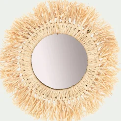 Miroir mural frange raphia D35cm - naturel