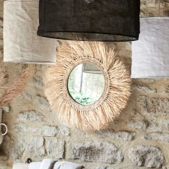 Miroir rond avec franges en raphia D65cm