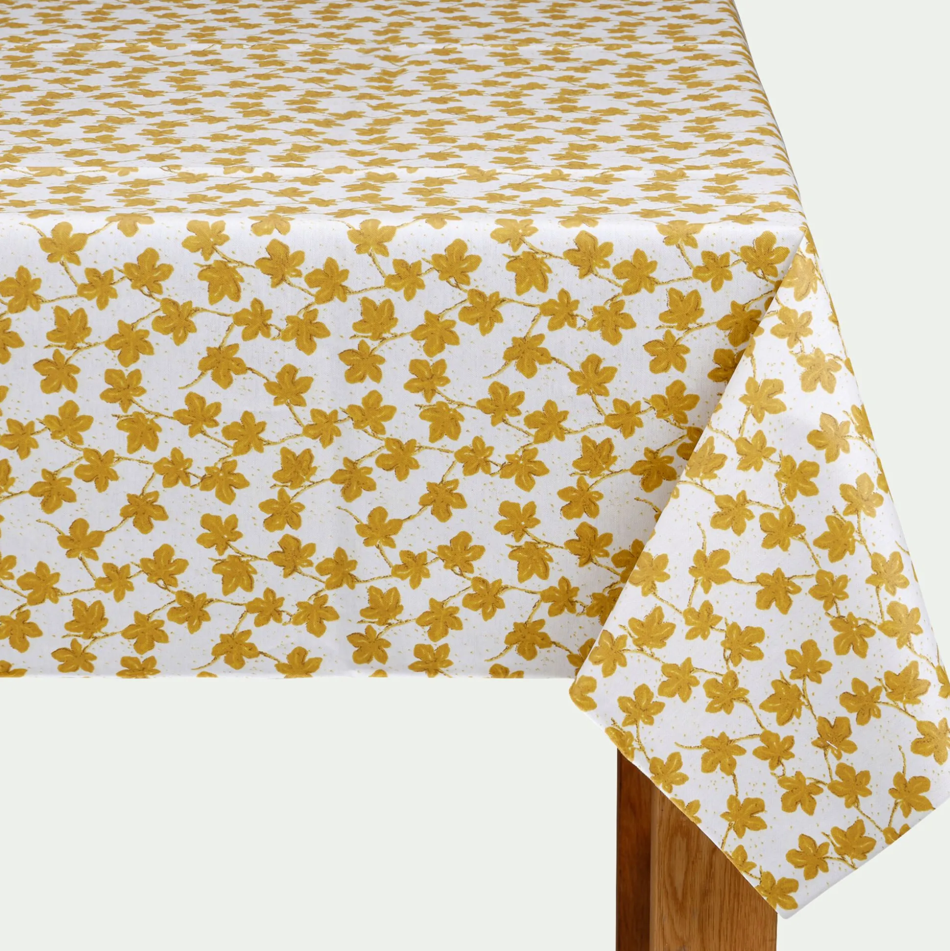 Nappe enduite en coton motif figuier - jaune argan 150x250cm