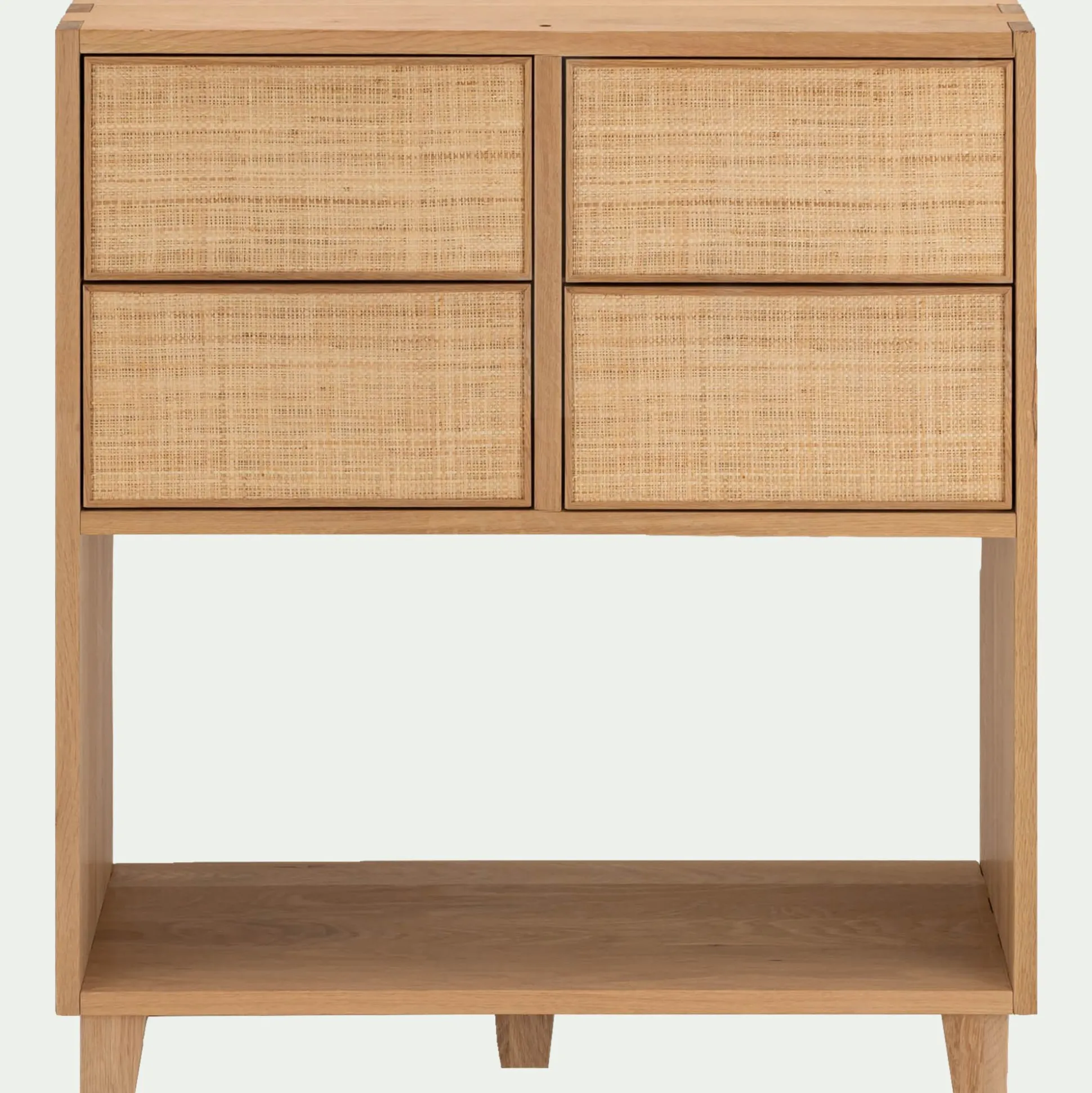 Petit buffet en bois de chêne avec 4 tiroirs en raphia - bois clair