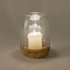 Photophore en verre et bois de manguier - transparent