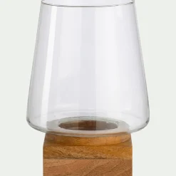 Photophore en verre et bois de manguier H30cm - naturel