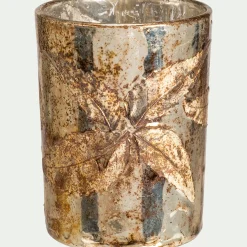 Photophore en verre motif houx D8xH10cm - doré