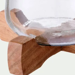 Photophore en verre sur pied en bois D17,5xH17,5cm - transparent