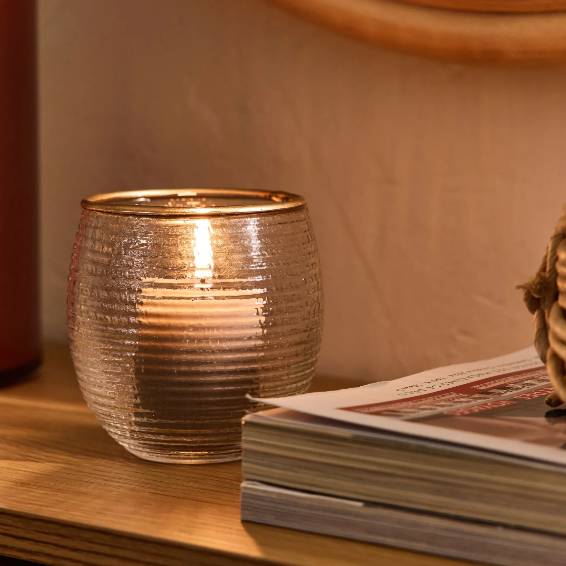 Photophore strié en verre D9cm - transparent