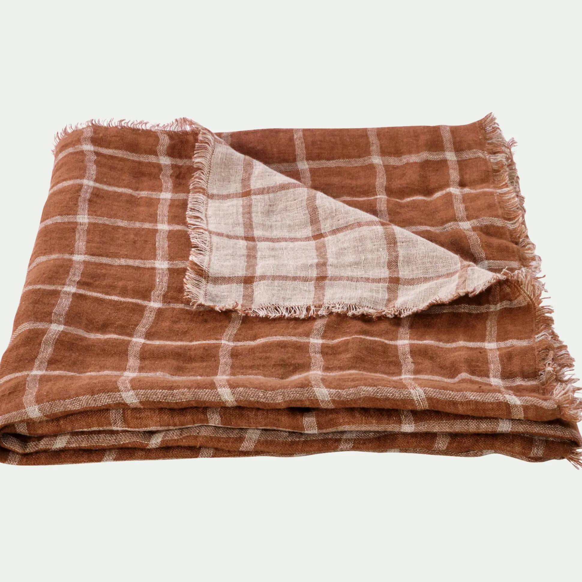Plaid à carreaux en lin lavé 130x170cm - marron