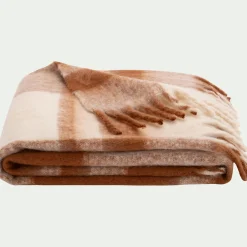 Plaid à carreaux synthétique 130x170cm - marron et blanc