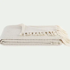 Plaid à frange en tissu effet crocheté - blanc écru 130x170cm