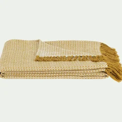 Plaid à franges et motifs en coton - jaune argan 130x170cm