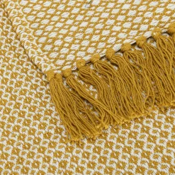 Plaid à franges et motifs en coton - jaune argan 130x170cm