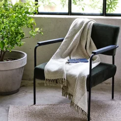 Plaid à franges et motifs en coton - beige 130x170cm