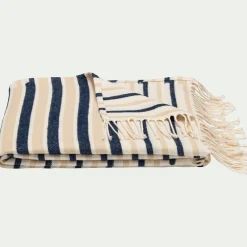 Plaid en coton à rayures finition franges 127x170cm - bleu