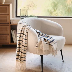 Plaid en coton à rayures finition franges 127x170cm - bleu