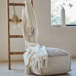 Plaid en coton à rayures finition franges 130x170cm - blanc