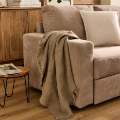 Plaid en coton motif végétal finition franges 130x170cm - vert