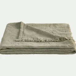 Plaid en coton motif végétal finition franges 130x170cm - vert