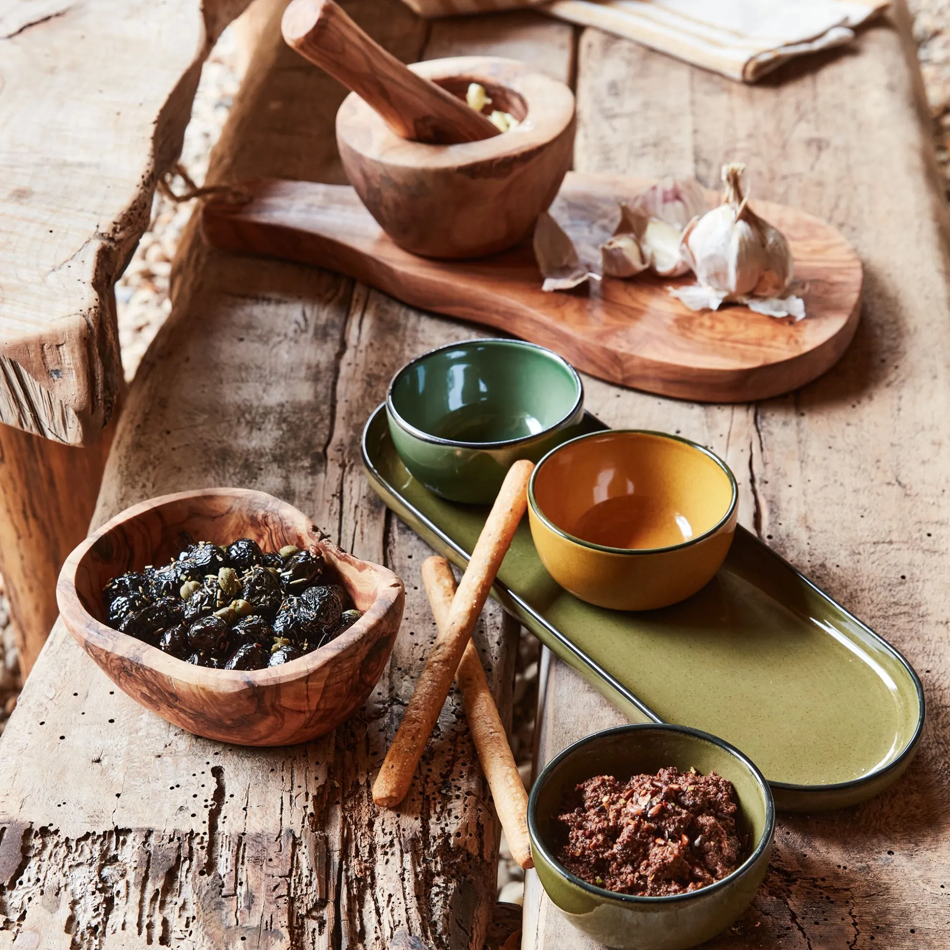 Plat apéritif en grès L32,8xl10,5cm - vert mousse