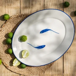 Plat de présentation ovale à motif poissons en faïence L40cm - blanc