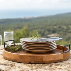 Plateau décoratif rond en bois de manguier D40cm - bois foncé