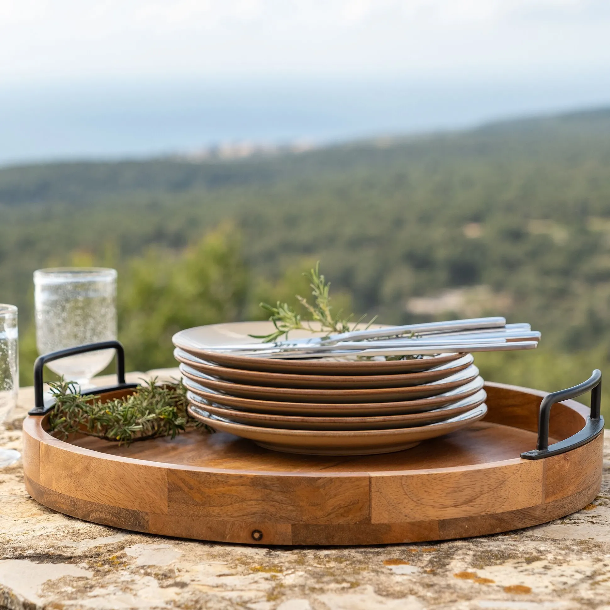 Plateau décoratif rond en bois de manguier D40cm - bois foncé