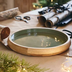 Plateau décoratif rond en bois de manguier D34cm - vert