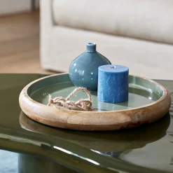 Plateau décoratif rond en bois de manguier D34cm - vert