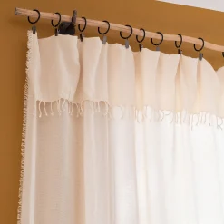 Rideau à anneaux pinces en coton finition franges 105x280cm - blanc cassé