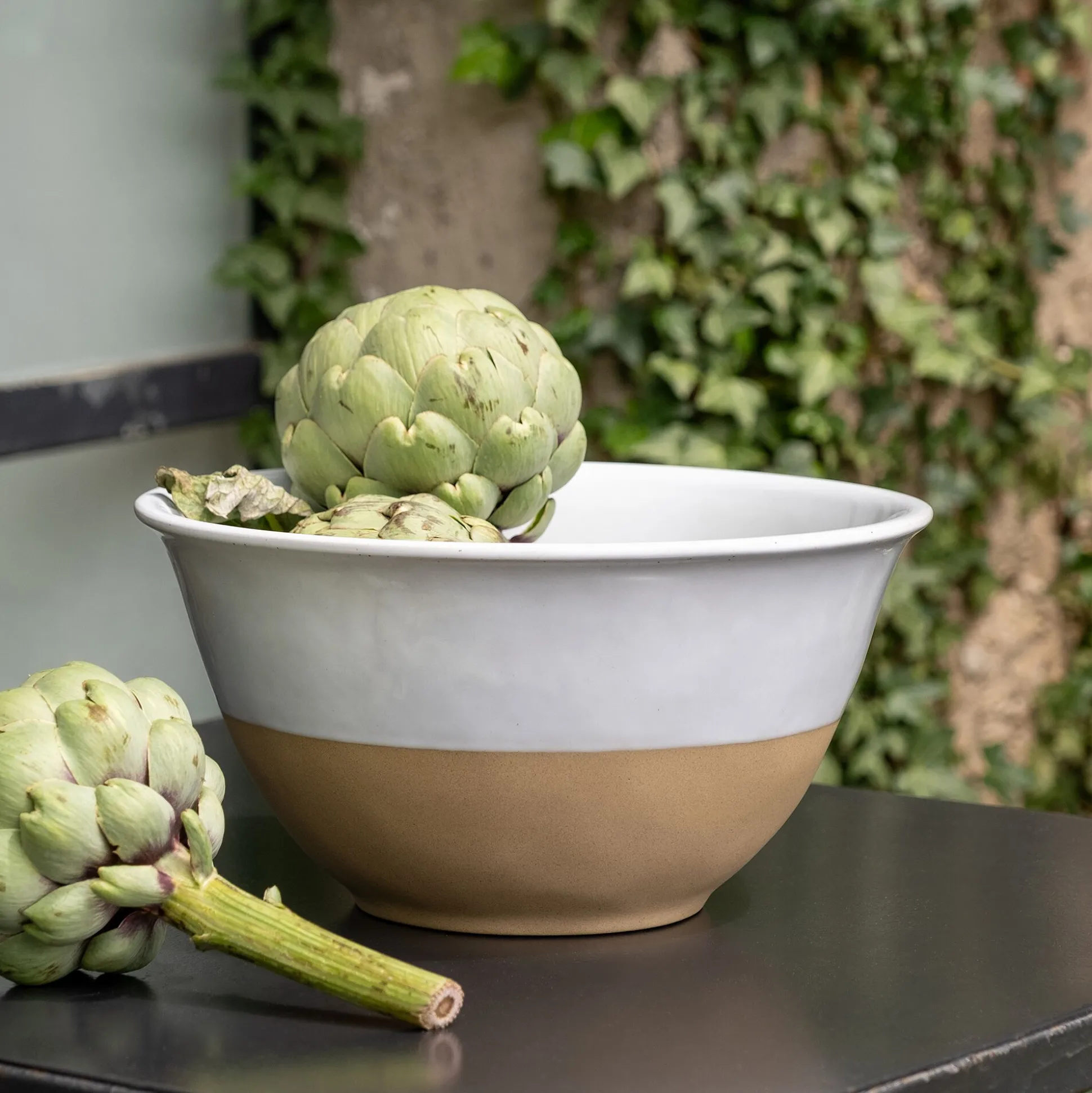 Saladier bicolore en grès D28,7cm - blanc