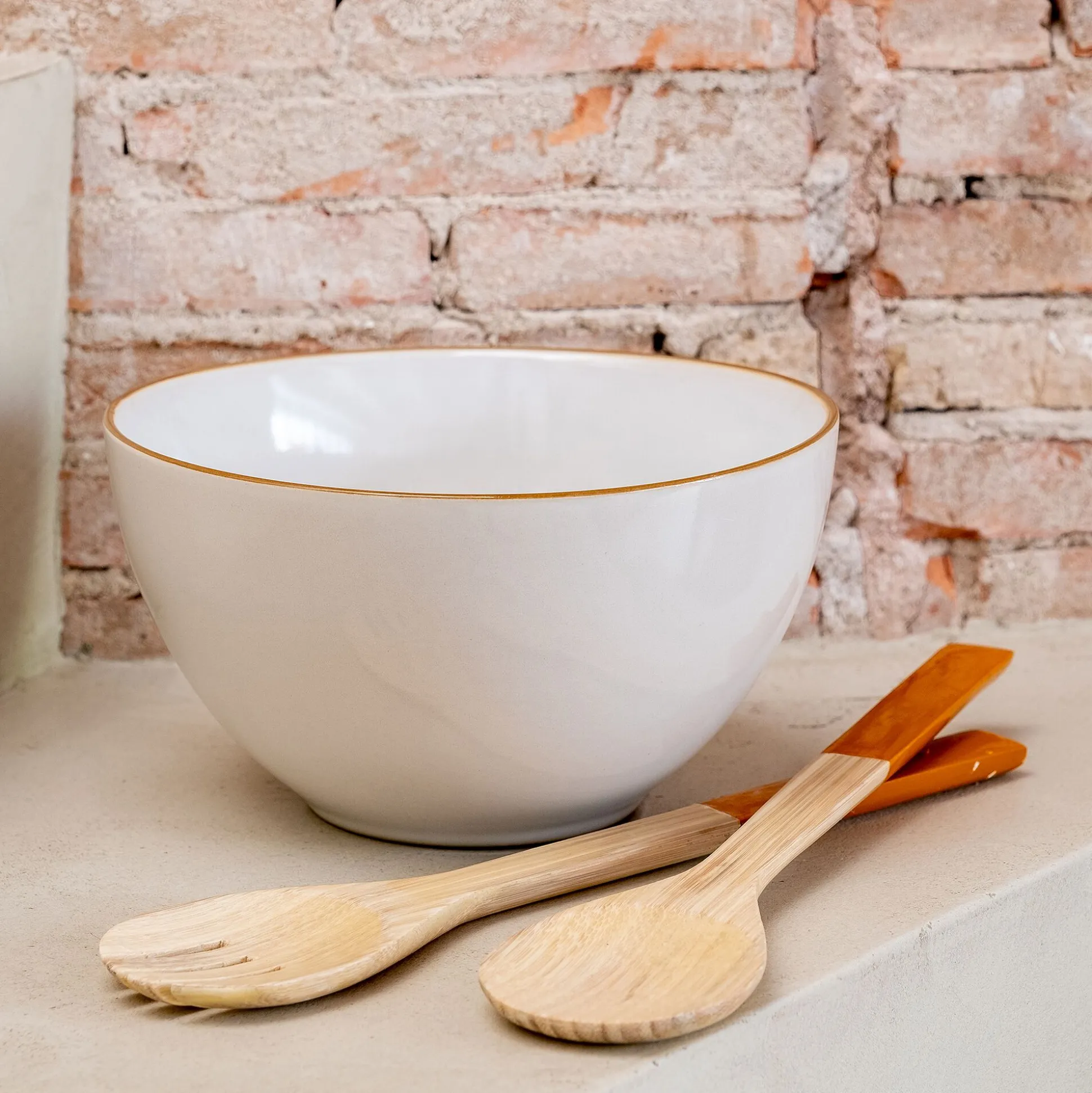 Saladier en grès avec liseré marron D20cm - blanc