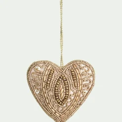 Suspension de Noël coeur en perles H10cm - doré