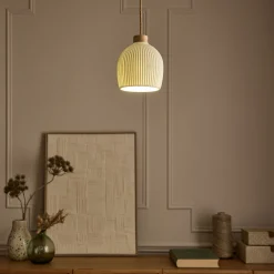 Suspension électrifiée en porcelaine striée D14,8cm - blanc