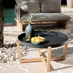 Table basse de jardin en acier et acacia D84cm - noir