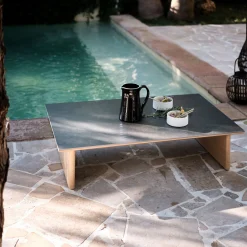 Table basse de jardin en aluminium effet bois et céramique - noir