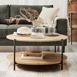 Table basse ronde en bois et acier - bois clair