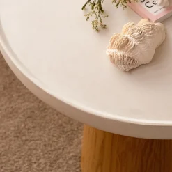 Table basse ronde en chêne et béton - blanc écru