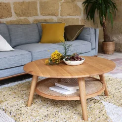 Table basse ronde en chêne et rotin D90cm - bois clair